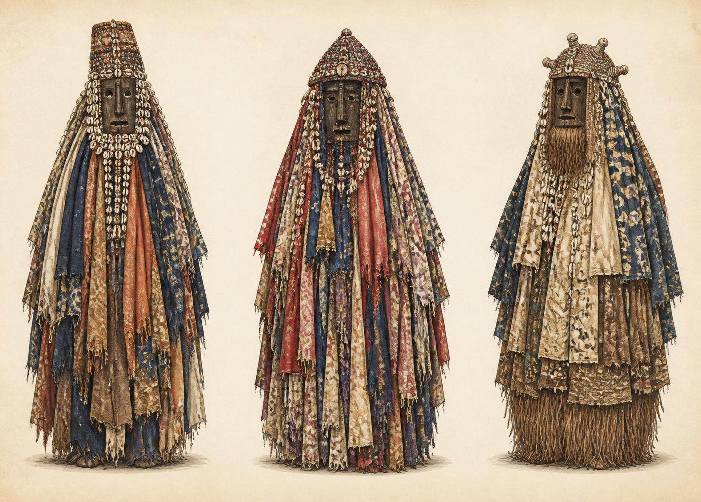 Plate 2.1 — Three Egúngún types: Pakò (warrior), Alágbo (healer), Onídan (trickster).