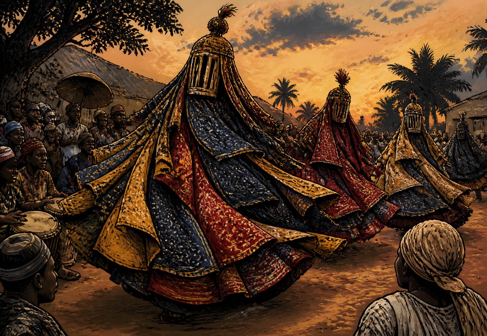 Egungun masquerade dancers at dusk